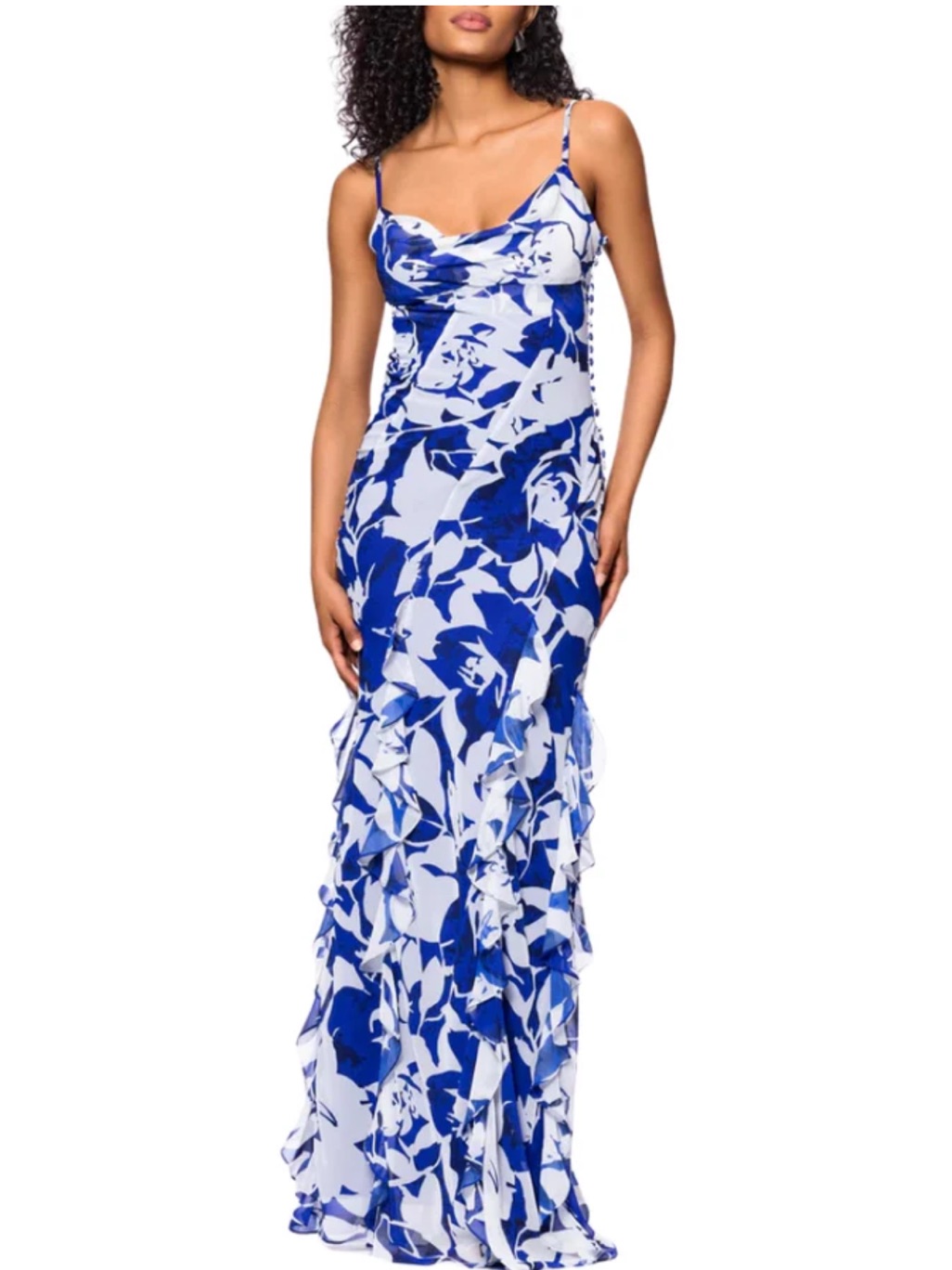Betsy & Adam Blue And White Floral Cowl Slip Maxi Dress